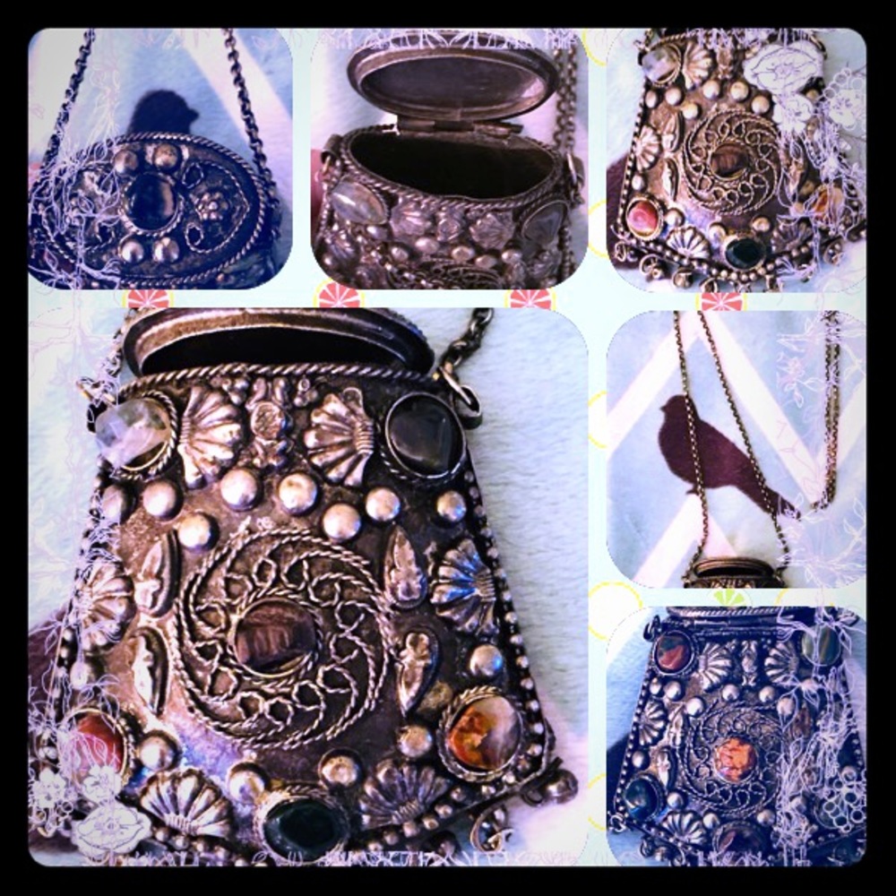 VTG Silver Filigreed  Mini Bag Embedded w Gems